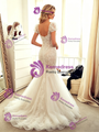 White Mermaid Tulle Lace Puff Sleeve Wedding Dress