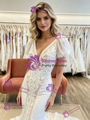White Mermaid V-neck Puff Sleeve Appliques Wedding Dress