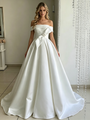 White Satin Off the Shoulder Wedding Dress
