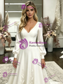 White V-neck Long Sleeve Appliques Wedding Dress