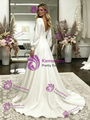 White V-neck Long Sleeve Appliques Wedding Dress