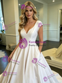 White Satin V-neck Cap Sleeve Wedding Dress