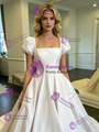 White Satin Square Neck Puff Sleeve Wedding Dress