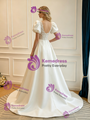 White Satin Puff Sleeve Lace Wedding Dress
