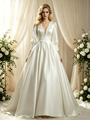Ivory Satin Long Sleeve V-neck Wedding Dress