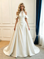 Beige White Satin Halter Pleats Wedding Dress