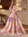 Pink Satin Short Sleeve Lace Wedding Dress