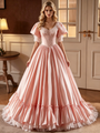 Pink Satin Short Sleeve Lace Wedding Dress