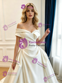 Ivory Satin Off the Shoulder Pleats Wedding Dress