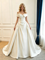 Ivory Satin Off the Shoulder Pleats Wedding Dress