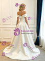 Ivory Satin Off the Shoulder Pleats Wedding Dress