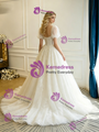 Beige White Tulle Lace Strapless Wedding Dress
