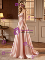 Pink Satin Spaghetti Straps Pleats Wedding Dress