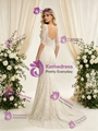Beige White Mermaid Lace Short Sleeve Wedding Dress