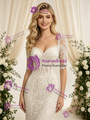 Beige White Mermaid Lace Short Sleeve Wedding Dress