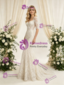 Beige White Mermaid Lace Short Sleeve Wedding Dress