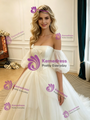 Beige White Tulle Off the Shoulder Wedding Dress