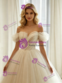 Champagne Tulle Off the Shoulder Pleats Wedding Dress