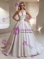 Ivory Satin V-neck Pleats Wedding Dress