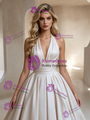 Ivory Satin V-neck Pleats Wedding Dress