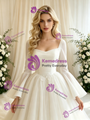 Beige WHite Tulle Long Sleeve Pleats Wedding Dress