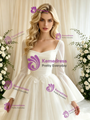 Beige WHite Tulle Long Sleeve Pleats Wedding Dress