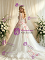 White Tulle V-neck Long Sleeve Appliques Wedding Dress