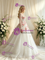 White Tulle V-neck Long Sleeve Appliques Wedding Dress