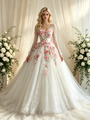 White Tulle V-neck Long Sleeve Appliques Wedding Dress