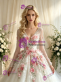 White Tulle V-neck Long Sleeve Appliques Wedding Dress