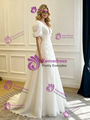 White Tulle V-neck Puff Sleeve Pleats Wedding Dress