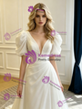 White Tulle V-neck Puff Sleeve Pleats Wedding Dress