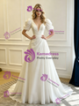 White Tulle V-neck Puff Sleeve Pleats Wedding Dress