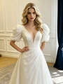 White Tulle V-neck Puff Sleeve Pleats Wedding Dress
