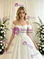 Beige White Tulle Lace Off the Shoulder Wedding Dress