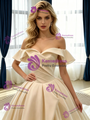 Champagne Satin Off the Shoulder Pleats Wedding Dress