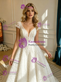 White Lace V-neck Cap Sleeve Wedding Dress