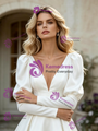 White Satin Long Sleeve V-neck Wedding Dress