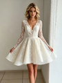 Beige White Lace V-neck Wedding Dress