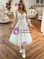 White Tulle V-neck Long Sleeve Wedding Dress