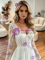White Tulle V-neck Long Sleeve Wedding Dress