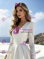 White Satin Hi Lo Long Sleeve Wedding Dress