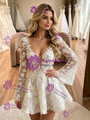 White Lace Long Sleeve V-neck Wedding Dress