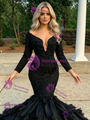 Black Mermaid Long Sleeve Appliques Prom Dress