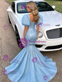 Blue Mermaid Sequins Puff Sleeve Prom Dress