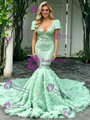 Green V-neck Short Sleeve Prom Dress
