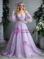 Purple Tulle Spaghetti Straps Short Sleeve Prom Dress