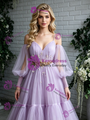 Purple Tulle Spaghetti Straps Short Sleeve Prom Dress