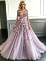 Purple Tulle Long Sleeve Appliques Prom Dress