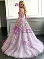 Purple Tulle Long Sleeve Appliques Prom Dress
